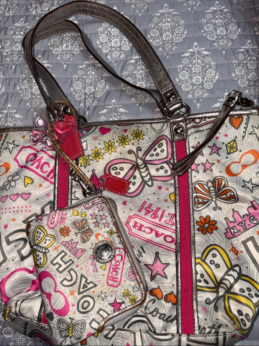 Coach Pink Butterfly Print Tote with Matching Pouch